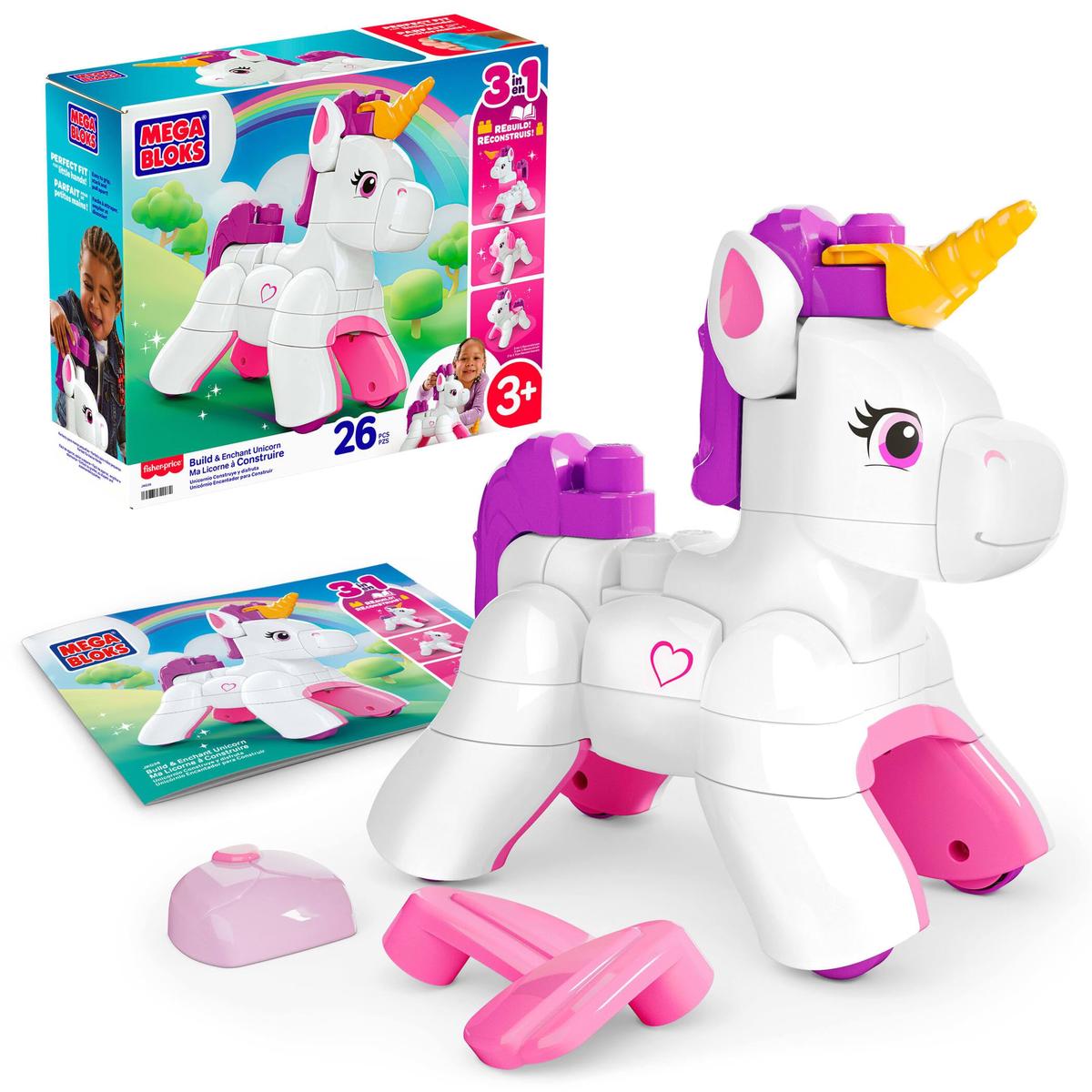 MEGA BLOKS Toddler Block Toys Set, 3 in 1 Build & Enchant Unicorn with 26 Pieces, Puppy and Pegasus Rebuild, Kids Ages 3+ Years, JKG36