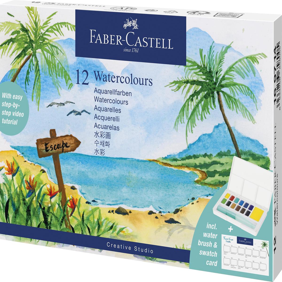 Faber-Castell Creative Studio Aquarel 12 Pan Set + Borstel, Tropisch Ontwerp, Kunst, Schilderij, Thuis, Kantoor, Kunststudio, Kunstenaar Benodigdheden, Cadeau, Cadeau