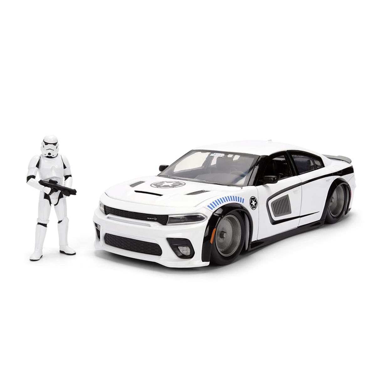 Jada Toys Star Wars Stormtrooper Dodge Charger SRT Hellcat 1:24 Die-Cast Auto met figuur, deuren, kofferbak en motorkap om te openen, vrijloop, 19 cm, wit