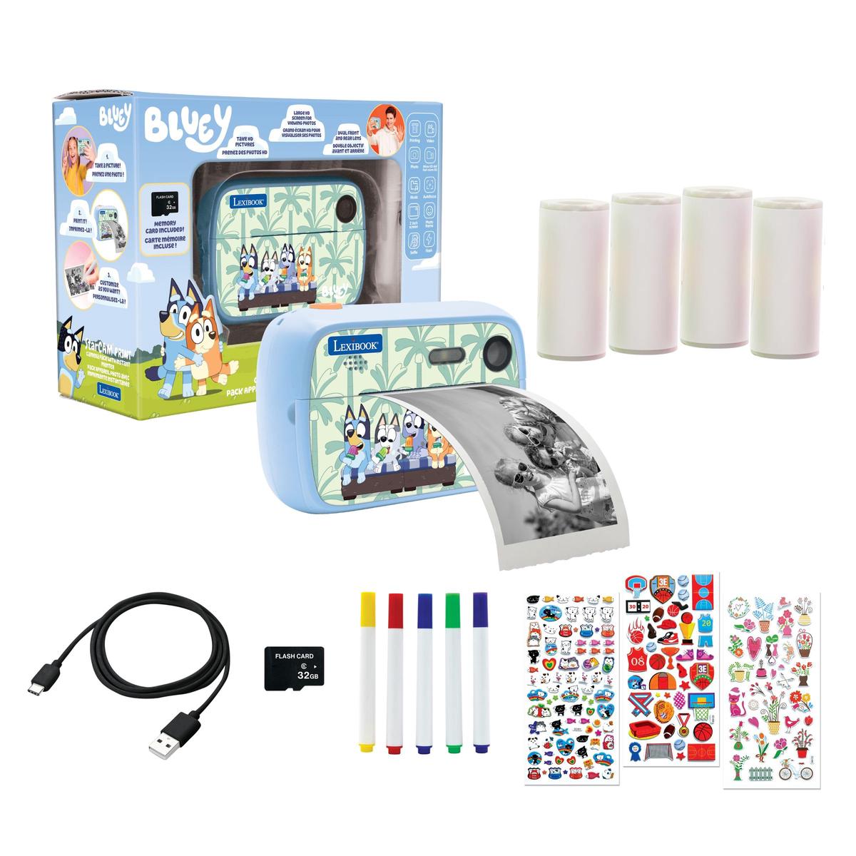 Lexibook, Bluey, StarCAM Print-camera met instant printer, foto- en videofuncties, 32 GB micro-SD-kaart en fotoaanpassingsset, DJ150BY