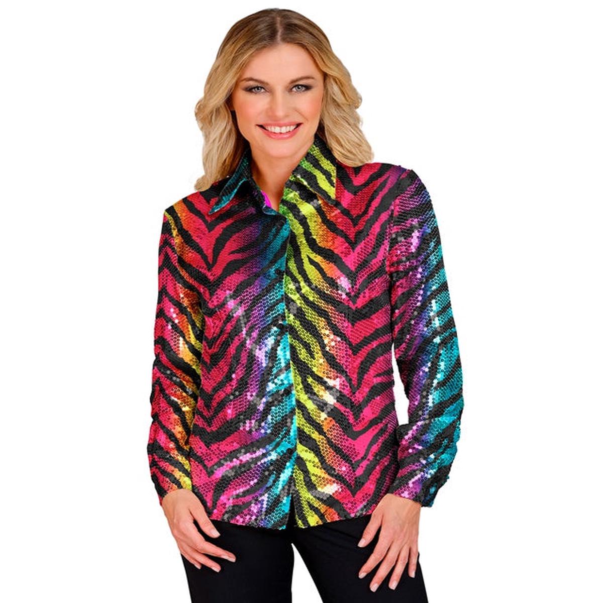 Widmann Party Fashion Shirt (Rainbow Animalier Tiger Sequin Shirt) (L/XL) Rainbow