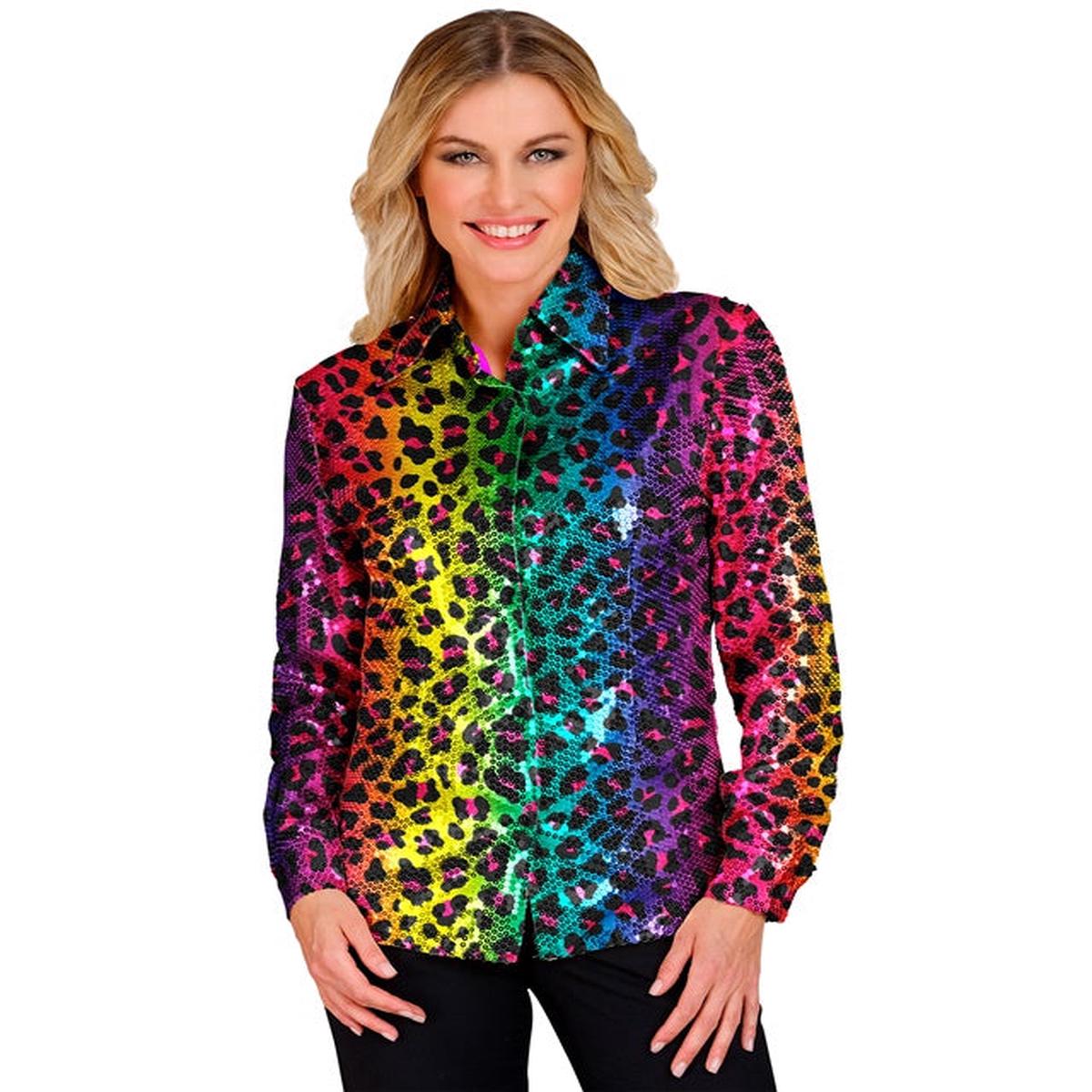 Widmann Party Fashion Shirt (Rainbow Animalier Leopard Sequin Shirt) (L/XL) Rainbow