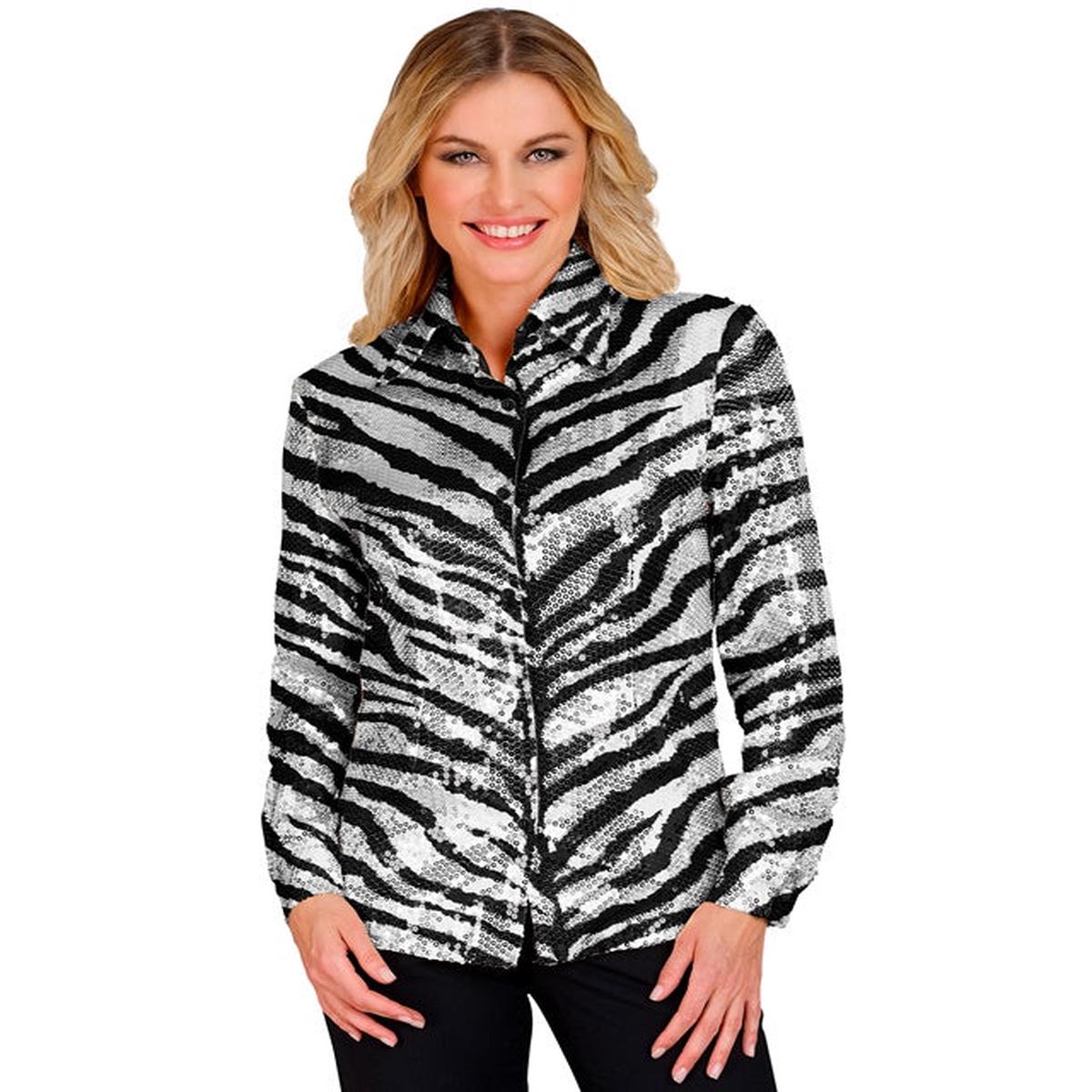 Widmann Party Fashion Shirt (Animalier Zebra Sequin Shirt) (L/XL) Silver