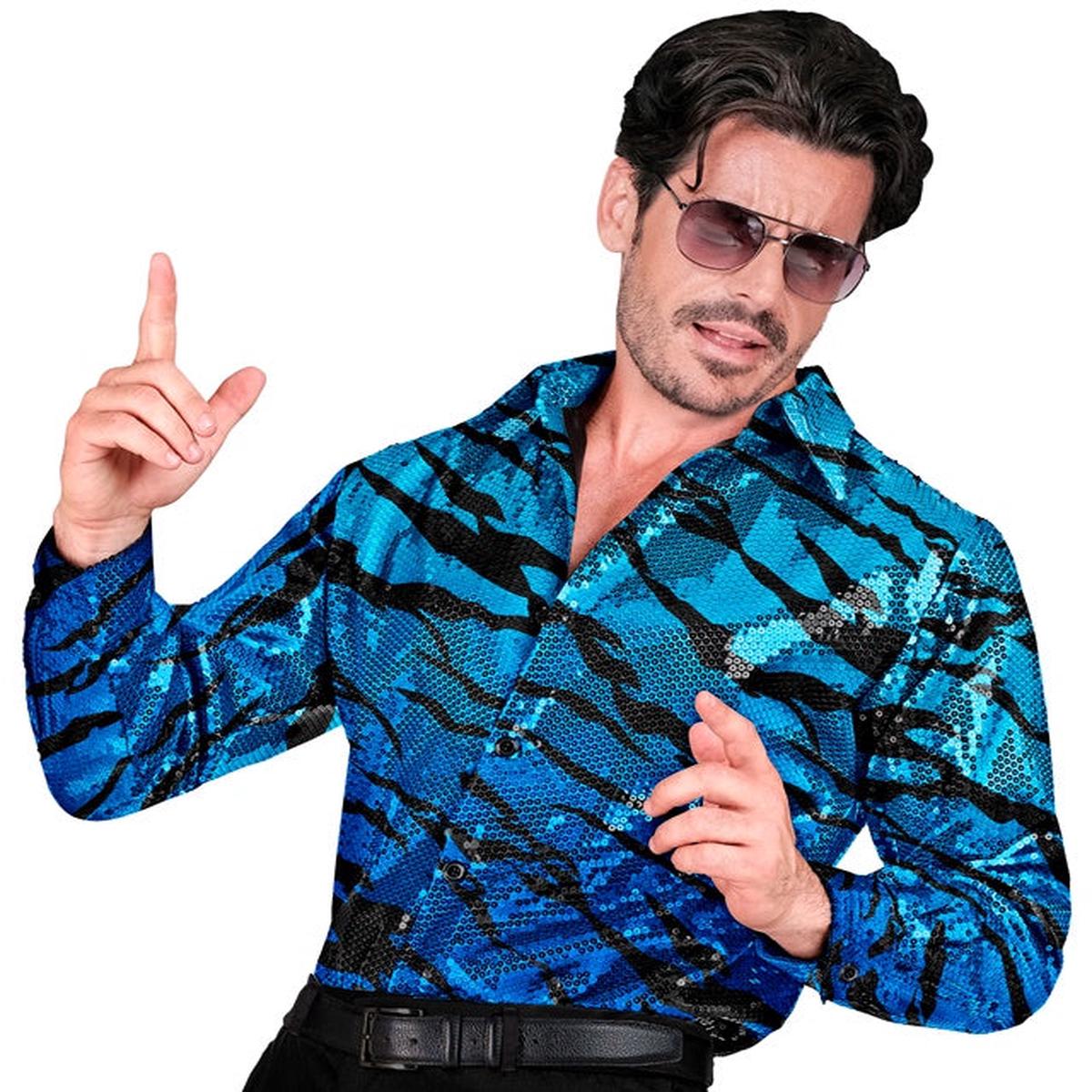 Widmann Party Fashion Shirt (Blue Waves Sequin Shirt) (S/M) Turquoise / Light Blue