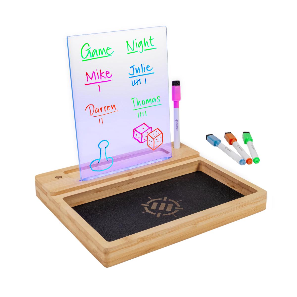 ENHANCE Tabellone LED Scrivibile Vaschetta Porta Dadi per Giochi da Tavolo Tray per Lancio Dadi con 7 Colori LED, Controllo Touch 4 Pennarelli, Base in Bamb Eco Ideale per Game Night, MTG e RPG