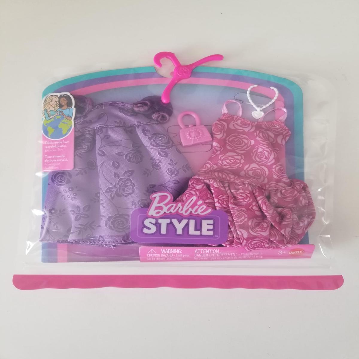 Barbie Style Fashion Pack, 2 Floral Outfits Pink and Purple with Accessories for Doll Barbie